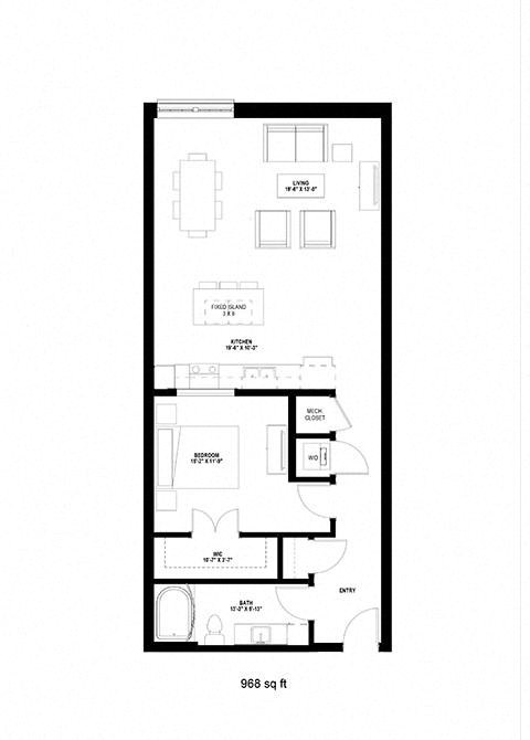 Floor plan for 1 bed, 1 bath, 968 sqft